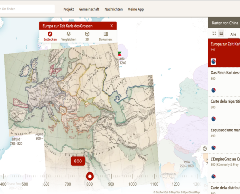 Digitale und analoge historische Karten in gemeinsamer interaktiver Projektion auf „Old Maps online“.