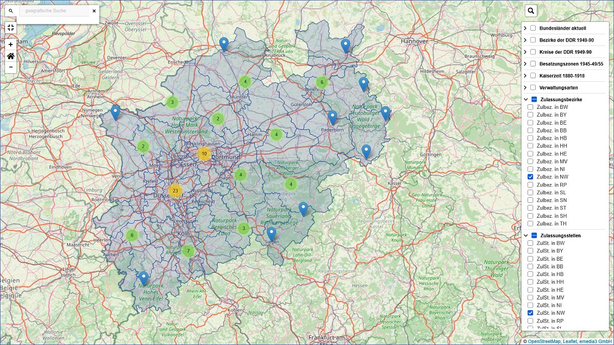 Nummernschildmuseum - Geografische Darstellung von Zulassungs-Kennzeichen, Zulassungsbezirken und Zulassungsbehörden in digitaler Karte.